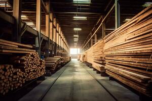 hölzern Planke oder Tafel im das Holz Mühle Industrie. Stapel von Protokolle und Holz im das Sägewerk Produktion Konzept durch ai generiert foto