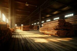 hölzern Planke oder Tafel im das Holz Mühle Industrie. Stapel von Protokolle und Holz im das Sägewerk Produktion Konzept durch ai generiert foto