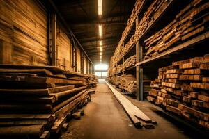 hölzern Planke oder Tafel im das Holz Mühle Industrie. Stapel von Protokolle und Holz im das Sägewerk Produktion Konzept durch ai generiert foto