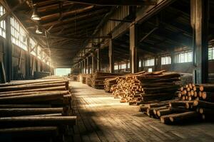 hölzern Planke oder Tafel im das Holz Mühle Industrie. Stapel von Protokolle und Holz im das Sägewerk Produktion Konzept durch ai generiert foto