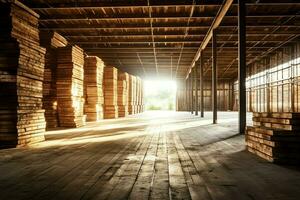 hölzern Planke oder Tafel im das Holz Mühle Industrie. Stapel von Protokolle und Holz im das Sägewerk Produktion Konzept durch ai generiert foto