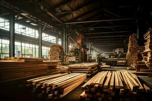 hölzern Planke oder Tafel im das Holz Mühle Industrie. Stapel von Protokolle und Holz im das Sägewerk Produktion Konzept durch ai generiert foto