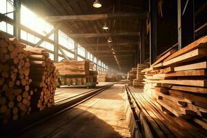 hölzern Planke oder Tafel im das Holz Mühle Industrie. Stapel von Protokolle und Holz im das Sägewerk Produktion Konzept durch ai generiert foto