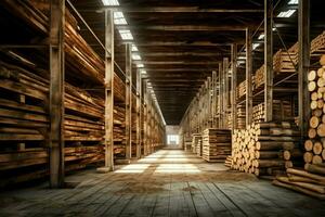 hölzern Planke oder Tafel im das Holz Mühle Industrie. Stapel von Protokolle und Holz im das Sägewerk Produktion Konzept durch ai generiert foto