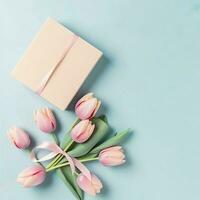 dekorativ von Tulpen Blumen Strauß oder eingewickelt Geschenk Kasten. zum Mütter Tag oder Valentinstag mit Copyspace Konzept durch ai generiert foto