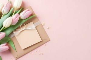 dekorativ von Tulpen Blumen Strauß oder eingewickelt Geschenk Kasten. zum Mütter Tag oder Valentinstag mit Copyspace Konzept durch ai generiert foto