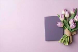 dekorativ von Tulpen Blumen Strauß oder eingewickelt Geschenk Kasten. zum Mütter Tag oder Valentinstag mit Copyspace Konzept durch ai generiert foto