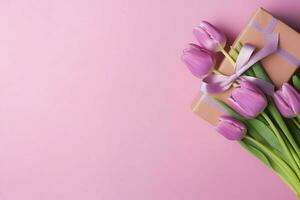 dekorativ von Tulpen Blumen Strauß oder eingewickelt Geschenk Kasten. zum Mütter Tag oder Valentinstag mit Copyspace Konzept durch ai generiert foto