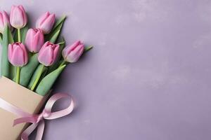 dekorativ von Tulpen Blumen Strauß oder eingewickelt Geschenk Kasten. zum Mütter Tag oder Valentinstag mit Copyspace Konzept durch ai generiert foto