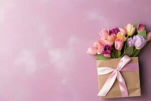 dekorativ von Tulpen Blumen Strauß oder eingewickelt Geschenk Kasten. zum Mütter Tag oder Valentinstag mit Copyspace Konzept durch ai generiert foto