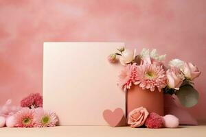 dekorativ von Tulpen Blumen Strauß oder eingewickelt Geschenk Kasten. zum Mütter Tag oder Valentinstag mit Copyspace Konzept durch ai generiert foto