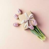 dekorativ von Tulpen Blumen Strauß oder eingewickelt Geschenk Kasten. zum Mütter Tag oder Valentinstag mit Copyspace Konzept durch ai generiert foto