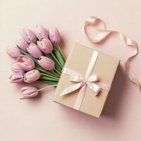 dekorativ von Tulpen Blumen Strauß oder eingewickelt Geschenk Kasten. zum Mütter Tag oder Valentinstag mit Copyspace Konzept durch ai generiert foto