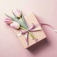 dekorativ von Tulpen Blumen Strauß oder eingewickelt Geschenk Kasten. zum Mütter Tag oder Valentinstag mit Copyspace Konzept durch ai generiert foto