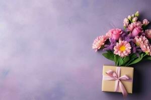 dekorativ von Tulpen Blumen Strauß oder eingewickelt Geschenk Kasten. zum Mütter Tag oder Valentinstag mit Copyspace Konzept durch ai generiert foto