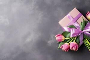 dekorativ von Tulpen Blumen Strauß oder eingewickelt Geschenk Kasten. zum Mütter Tag oder Valentinstag mit Copyspace Konzept durch ai generiert foto