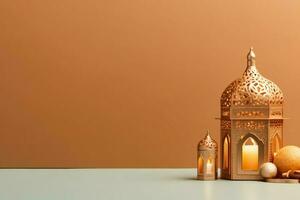 eid Mubarak und Ramadan kareem Schöne Grüße mit Kopieren Raum. eid al fitr islamisch Laterne und Moschee Konzept durch ai generiert foto