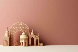 eid Mubarak und Ramadan kareem Schöne Grüße mit Kopieren Raum. eid al fitr islamisch Laterne und Moschee Konzept durch ai generiert foto