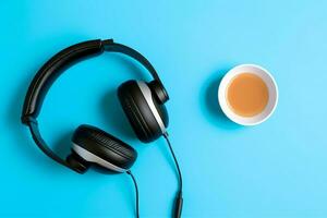 Musik- oder Podcast Hintergrund mit elektronisch Geräte, Kopfhörer, Kaffee und Laptop auf Büro Schreibtisch Konzept durch ai generiert foto