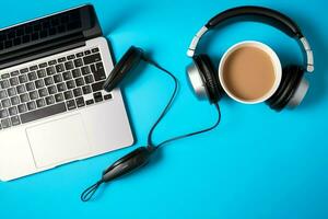 Musik- oder Podcast Hintergrund mit elektronisch Geräte, Kopfhörer, Kaffee und Laptop auf Büro Schreibtisch Konzept durch ai generiert foto