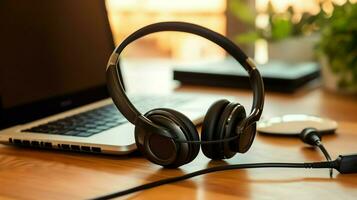 Musik- oder Podcast Hintergrund mit elektronisch Geräte, Kopfhörer, Kaffee und Laptop auf Büro Schreibtisch Konzept durch ai generiert foto