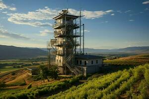 schön Aussicht hoch Stromspannung elektrisch oder Telekommunikation Antenne kabellos Turm mit Grün Feld Konzept durch ai generiert foto