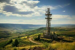 schön Aussicht hoch Stromspannung elektrisch oder Telekommunikation Antenne kabellos Turm mit Grün Feld Konzept durch ai generiert foto