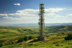 schön Aussicht hoch Stromspannung elektrisch oder Telekommunikation Antenne kabellos Turm mit Grün Feld Konzept durch ai generiert foto