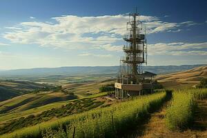 schön Aussicht hoch Stromspannung elektrisch oder Telekommunikation Antenne kabellos Turm mit Grün Feld Konzept durch ai generiert foto