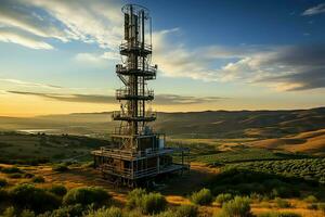 schön Aussicht hoch Stromspannung elektrisch oder Telekommunikation Antenne kabellos Turm mit Grün Feld Konzept durch ai generiert foto