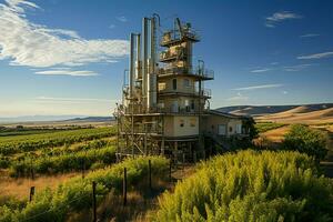 schön Aussicht hoch Stromspannung elektrisch oder Telekommunikation Antenne kabellos Turm mit Grün Feld Konzept durch ai generiert foto