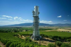 schön Aussicht hoch Stromspannung elektrisch oder Telekommunikation Antenne kabellos Turm mit Grün Feld Konzept durch ai generiert foto