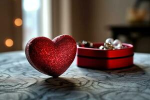 schön Valentinstag Tag Hintergrund mit Geschenk Kasten, Band, rot Herzen, die Geschenke, Rosen und Kopieren Raum Konzept durch ai generiert foto