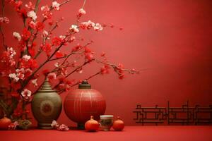 Chinesisch Neu Jahr Hintergrund mit traditionell Laternen, Sakura Blumen und Kopieren Raum. Mond- Neu Jahr Konzept durch ai generiert foto