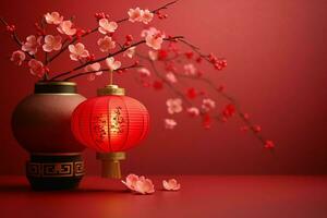 Chinesisch Neu Jahr Hintergrund mit traditionell Laternen, Sakura Blumen und Kopieren Raum. Mond- Neu Jahr Konzept durch ai generiert foto