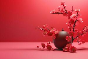 Chinesisch Neu Jahr Hintergrund mit traditionell Laternen, Sakura Blumen und Kopieren Raum. Mond- Neu Jahr Konzept durch ai generiert foto