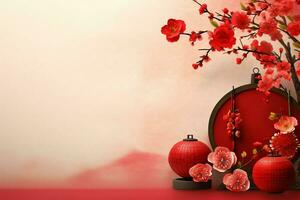 Chinesisch Neu Jahr Hintergrund mit traditionell Laternen, Sakura Blumen und Kopieren Raum. Mond- Neu Jahr Konzept durch ai generiert foto