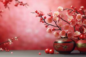 Chinesisch Neu Jahr Hintergrund mit traditionell Laternen, Sakura Blumen und Kopieren Raum. Mond- Neu Jahr Konzept durch ai generiert foto