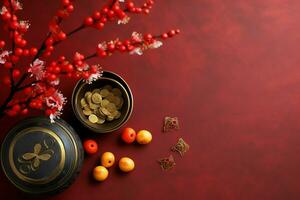 Chinesisch Neu Jahr Hintergrund mit traditionell Laternen, Sakura Blumen und Kopieren Raum. Mond- Neu Jahr Konzept durch ai generiert foto