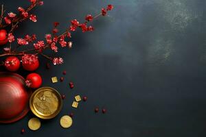 Chinesisch Neu Jahr Hintergrund mit traditionell Laternen, Sakura Blumen und Kopieren Raum. Mond- Neu Jahr Konzept durch ai generiert foto