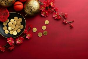 Chinesisch Neu Jahr Hintergrund mit traditionell Laternen, Sakura Blumen und Kopieren Raum. Mond- Neu Jahr Konzept durch ai generiert foto