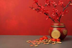 Chinesisch Neu Jahr Hintergrund mit traditionell Laternen, Sakura Blumen und Kopieren Raum. Mond- Neu Jahr Konzept durch ai generiert foto