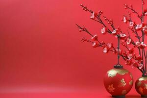 Chinesisch Neu Jahr Hintergrund mit traditionell Laternen, Sakura Blumen und Kopieren Raum. Mond- Neu Jahr Konzept durch ai generiert foto