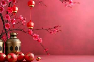 Chinesisch Neu Jahr Hintergrund mit traditionell Laternen, Sakura Blumen und Kopieren Raum. Mond- Neu Jahr Konzept durch ai generiert foto