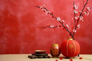 Chinesisch Neu Jahr Hintergrund mit traditionell Laternen, Sakura Blumen und Kopieren Raum. Mond- Neu Jahr Konzept durch ai generiert foto