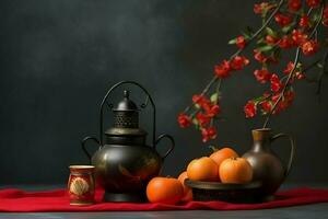 Chinesisch Neu Jahr Hintergrund mit traditionell Laternen, Sakura Blumen und Kopieren Raum. Mond- Neu Jahr Konzept durch ai generiert foto