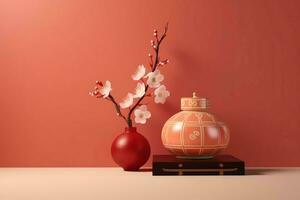 Chinesisch Neu Jahr Hintergrund mit traditionell Laternen, Sakura Blumen und Kopieren Raum. Mond- Neu Jahr Konzept durch ai generiert foto