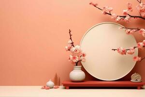 Chinesisch Neu Jahr Hintergrund mit traditionell Laternen, Sakura Blumen und Kopieren Raum. Mond- Neu Jahr Konzept durch ai generiert foto