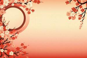 Chinesisch Neu Jahr Hintergrund mit traditionell Laternen, Sakura Blumen und Kopieren Raum. Mond- Neu Jahr Konzept durch ai generiert foto