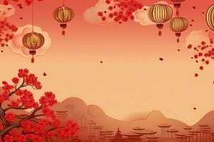Chinesisch Neu Jahr Hintergrund mit traditionell Laternen, Sakura Blumen und Kopieren Raum. Mond- Neu Jahr Konzept durch ai generiert foto